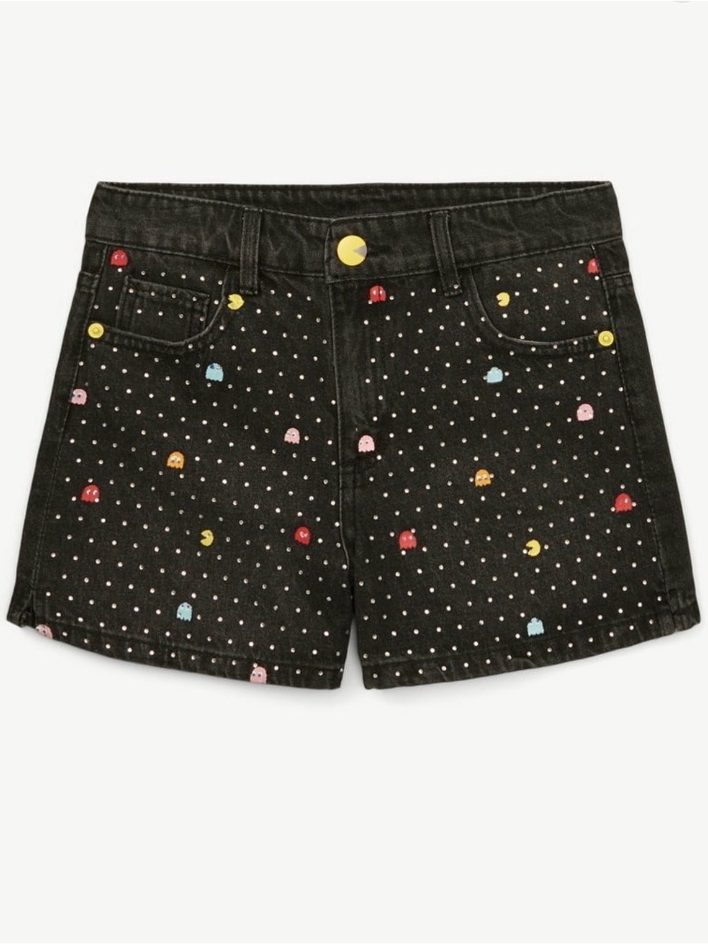 Justice Embellished Pac-Man Print Black Denim Shorts girls size 10